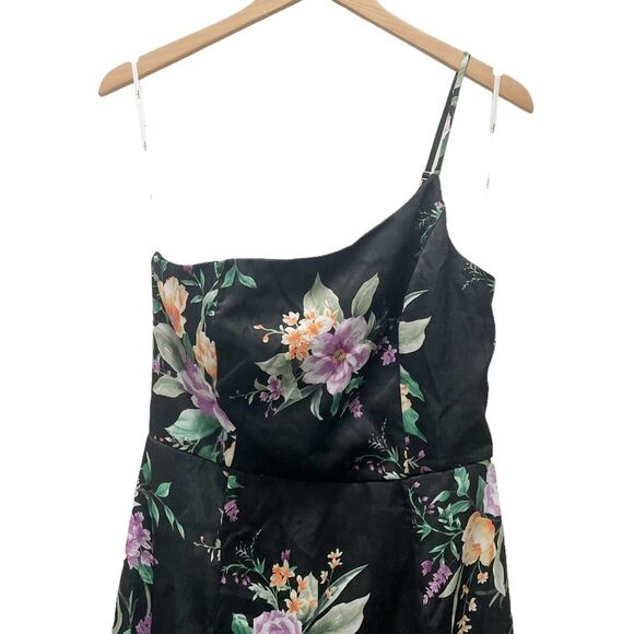 NWT Lulus Keepin' It Chic Black Floral Satin One-Shoulder Midi Dress Size Medium - Picture 4 of 14